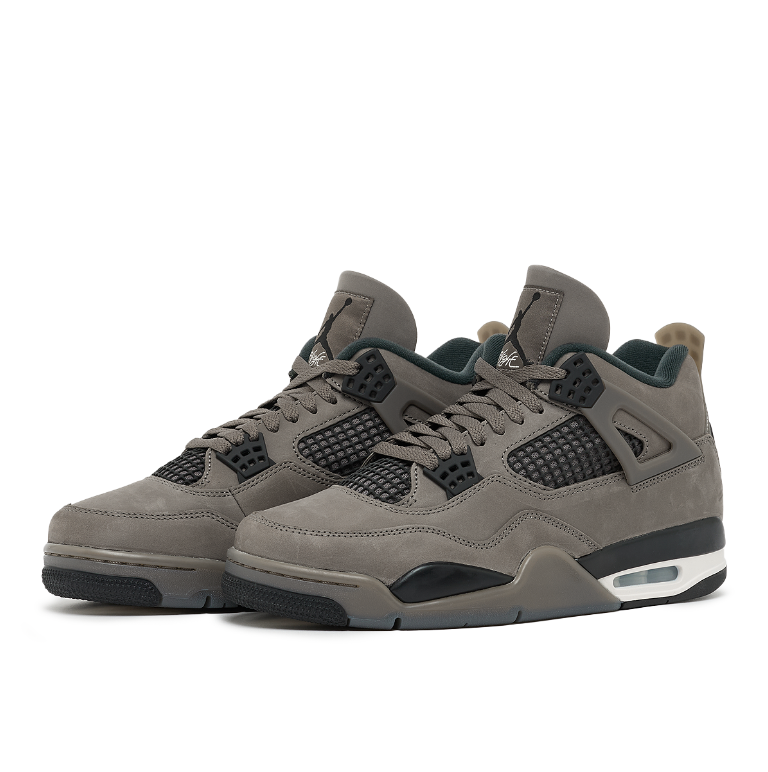 Jordan 4 Retro Cave Stone GS - front three-quarter pair view on white background showing cave stone brown nubuck upper, dark mesh panels, Flight branding and tonal midsole