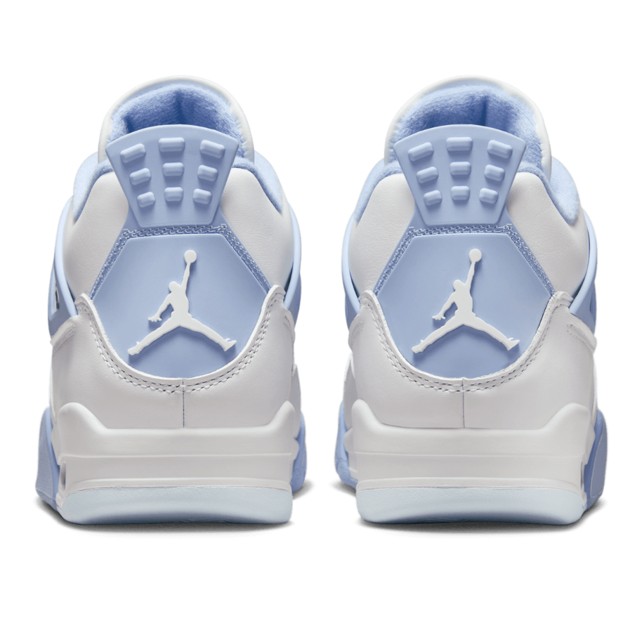 Women's Jordan 4 Retro Forget Me Not heel view showing aluminum blue heel tabs with embossed white Jumpman logo on both shoes