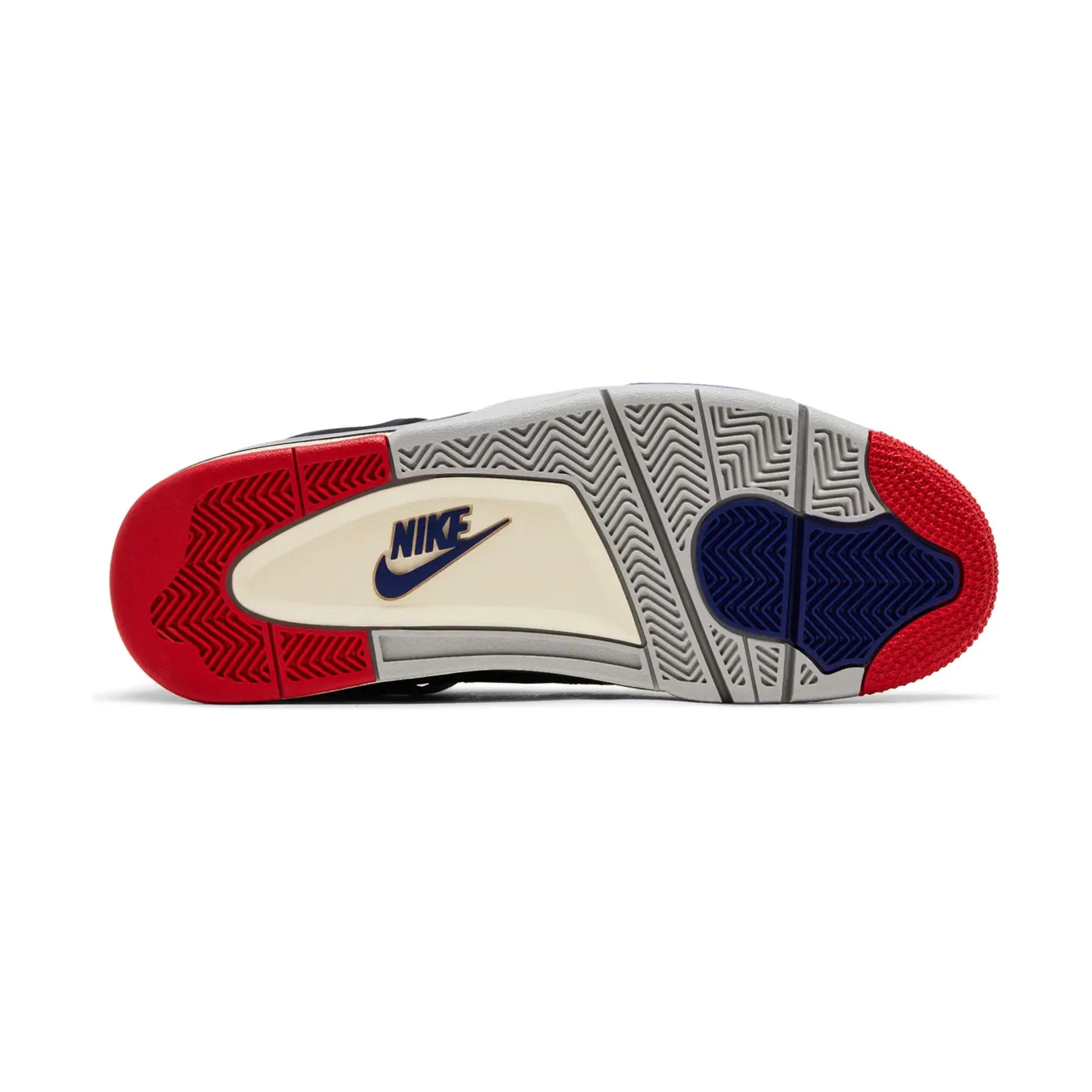 Jordan 4 Retro Rare Air full outsole view with Nike logo, grey herringbone, red and blue tread