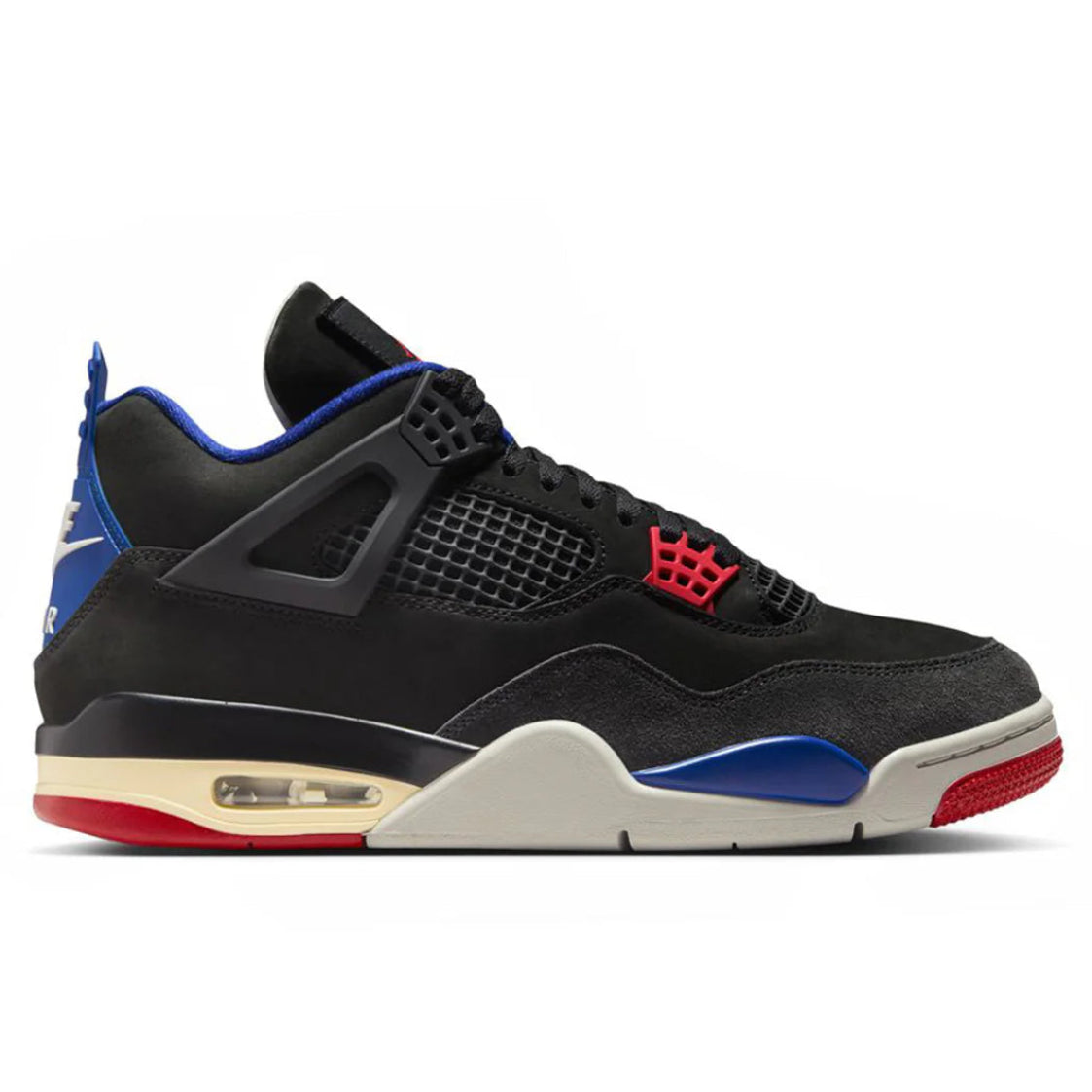 Jordan 4 Retro Rare Air lateral side view showing black nubuck upper, grey toe cap, and blue midsole wedge