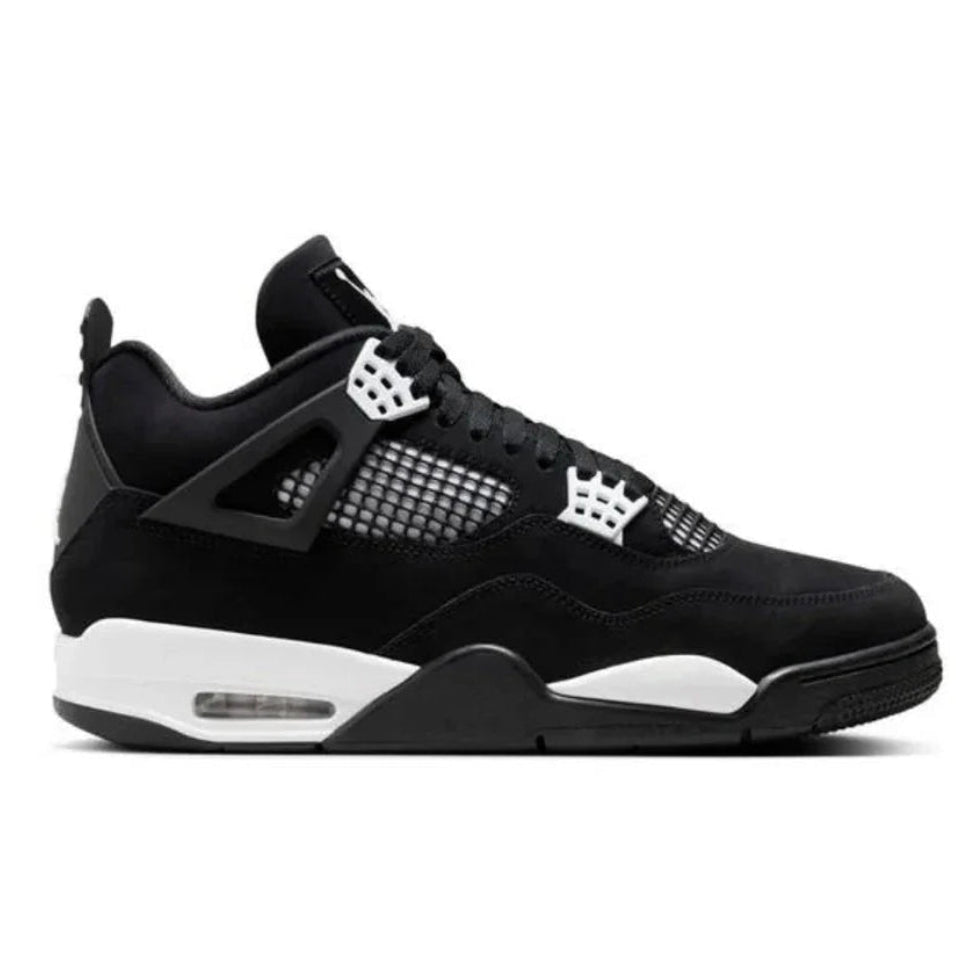 Jordan 4 Retro White Thunder GS - lateral side view showing black nubuck upper, white midsole with visible Air-Sole unit and mesh netting panels