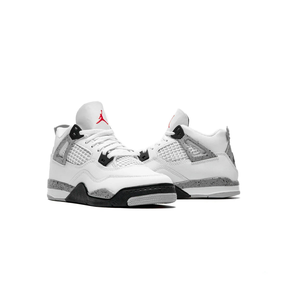 Jordan 4 Retro OG White Cement pair angled front view showing white leather upper, red Jumpman tongue, cement grey wing panels, and black midsole