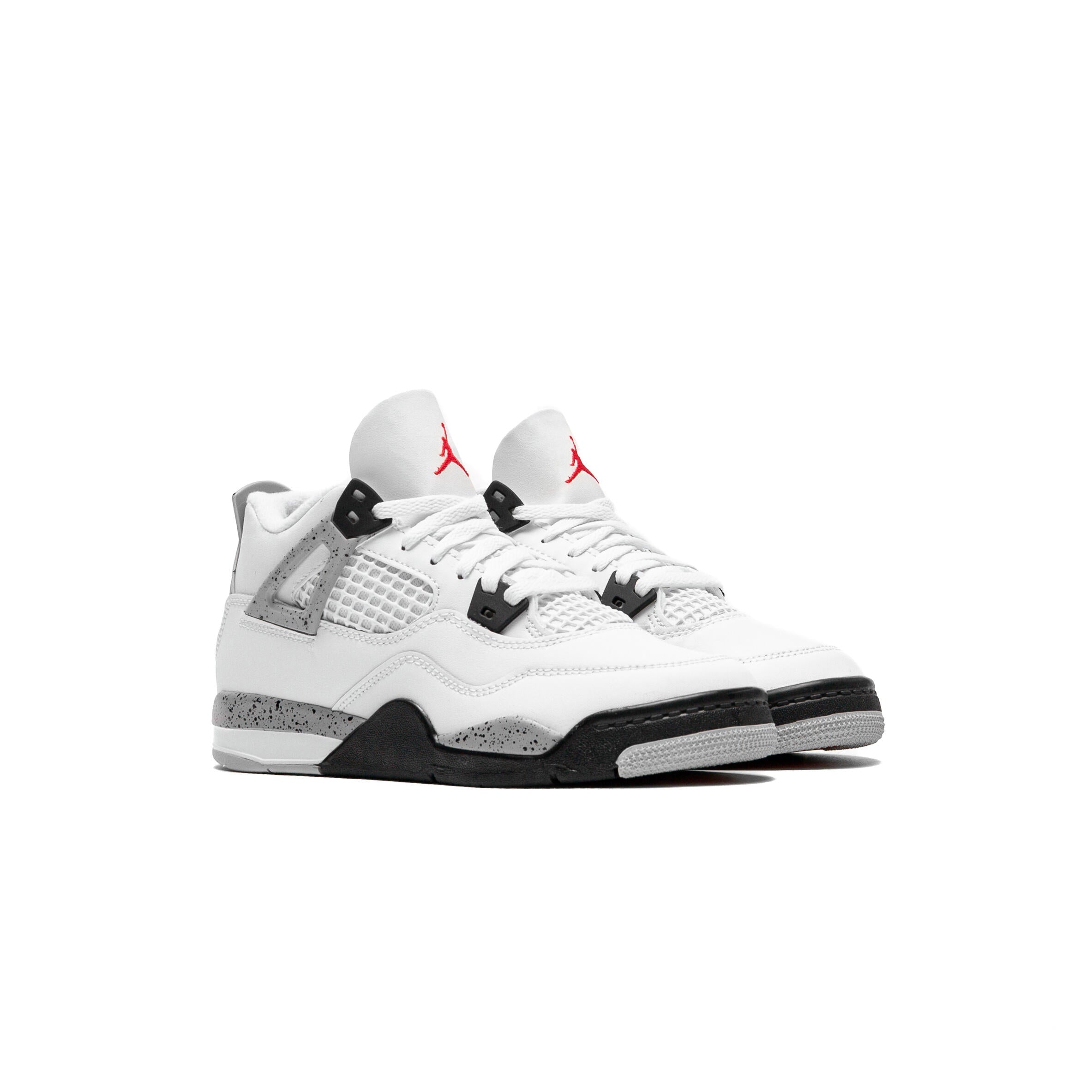 Jordan 4 Retro OG White Cement three-quarter front view pair showing red Jumpman tongue logos, black lace cage eyelets, and cement grey speckle overlays