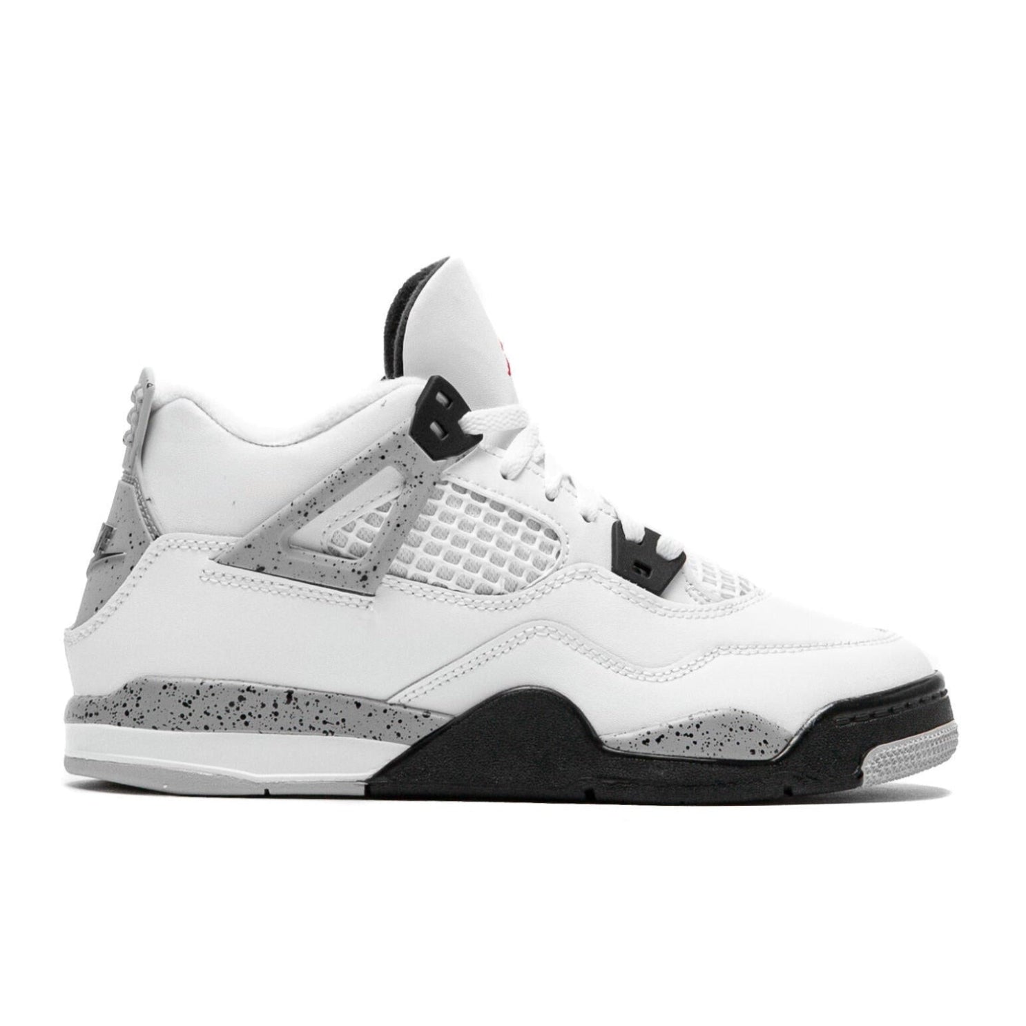 Jordan 4 Retro OG White Cement lateral side view showing white leather upper, cement grey speckle mudguard, black midsole wedge, and mesh netting