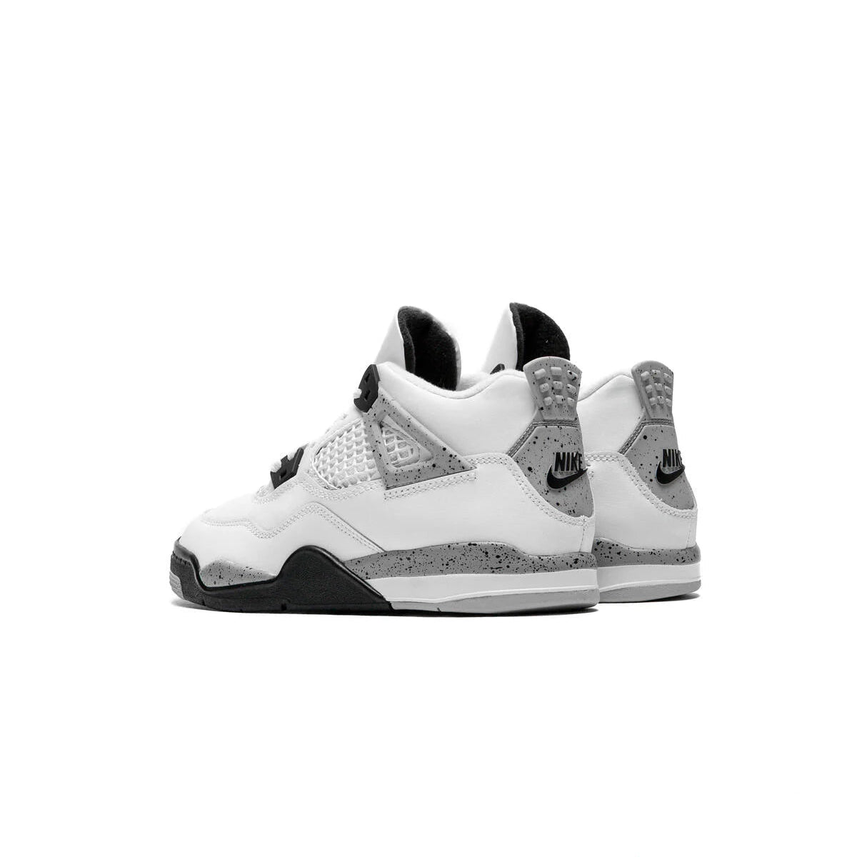 Jordan 4 Retro OG White Cement heel pair view showing Nike branding on cement grey speckle heel tabs with black lining