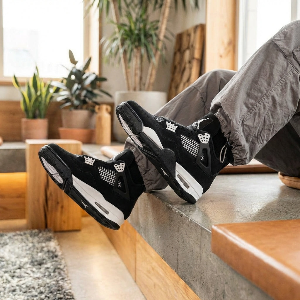 Jordan 4 Retro White Thunder on feet in lifestyle setting showing black canvas upper with white midsole accents and visible Air unit from front angle