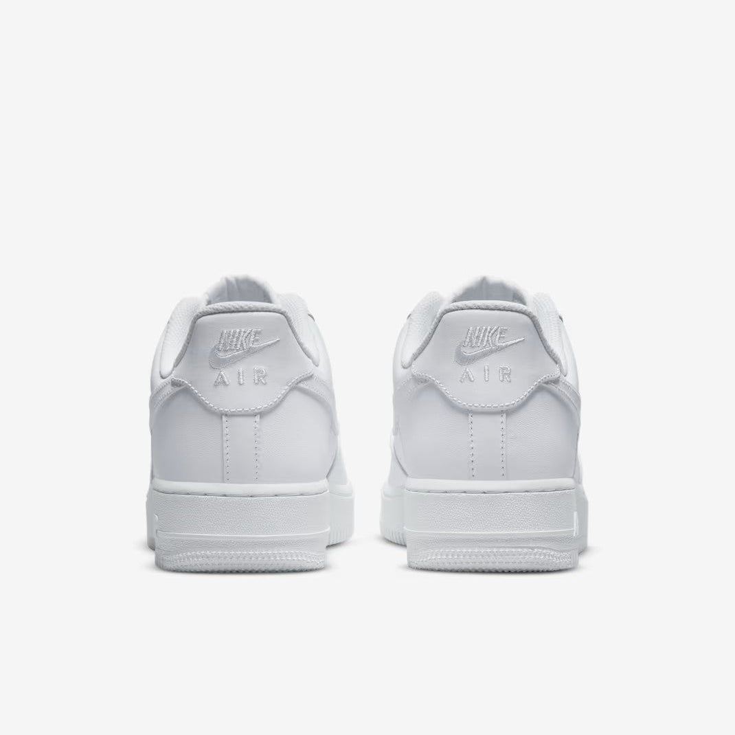 Nike Air Force 1 '07 Triple White heel view showing embossed Nike Air branding