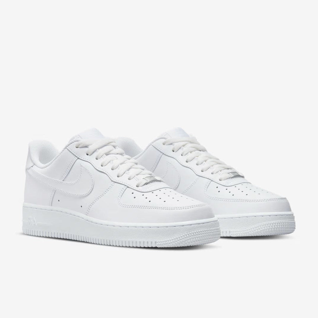 Nike Air Force 1 '07 Triple White pair front angled view on light grey background