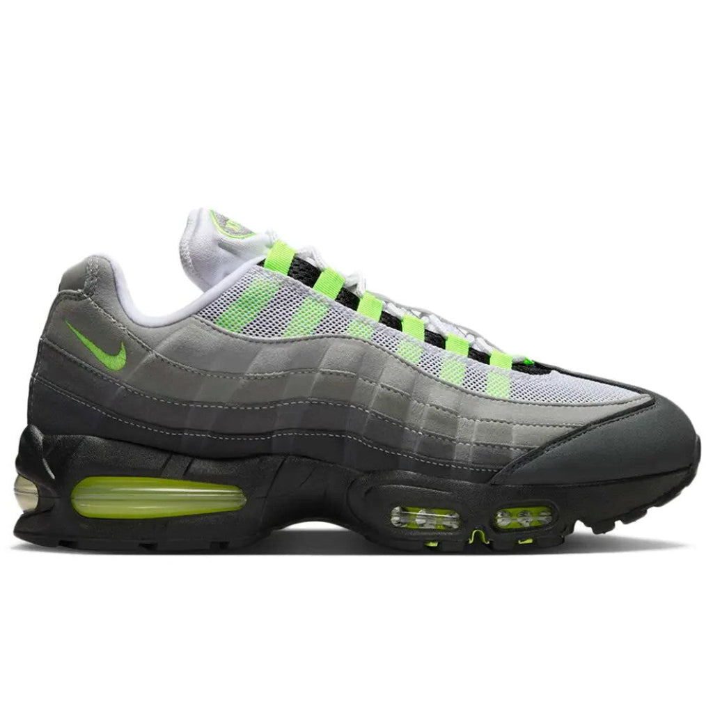 Nike Air Max 95 OG Neon lateral side profile showing grey gradient suede panels and neon green Air units