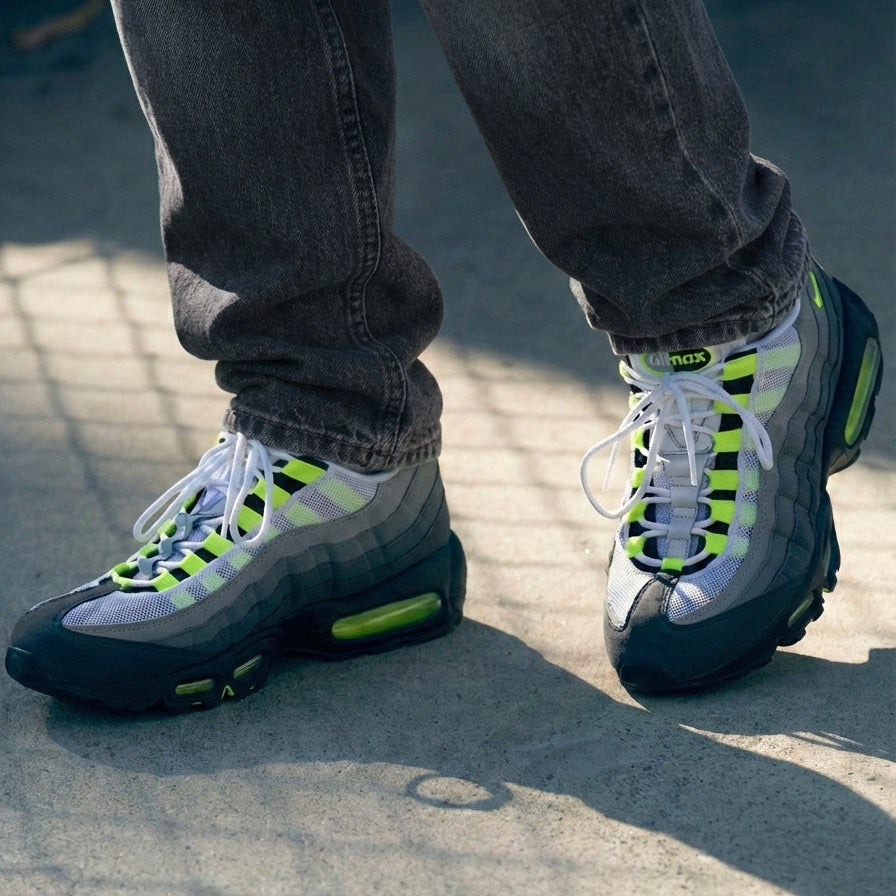 Nike Air Max 95 OG Neon on feet street style showing neon green lace loops and grey gradient upper