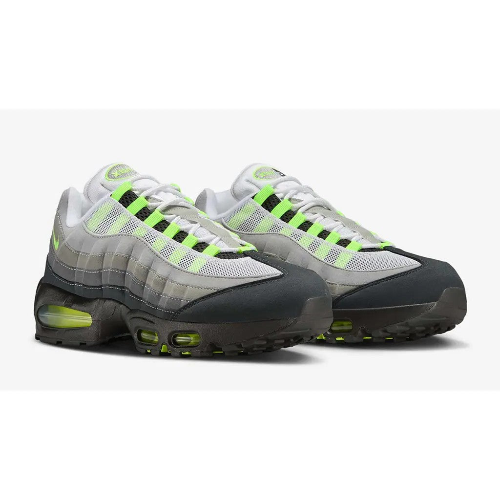 Nike Air Max 95 OG Neon pair front three-quarter view showing neon lace loops and grey layered upper