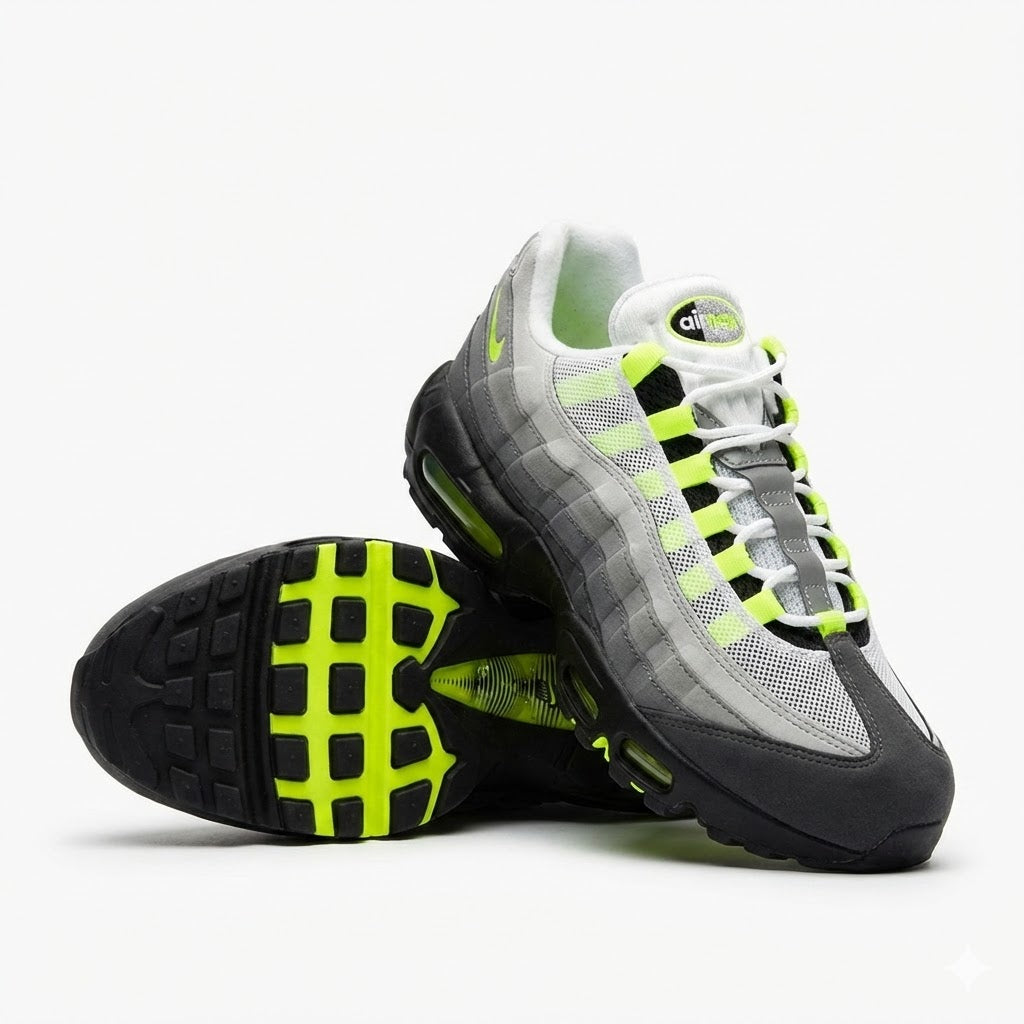 Nike Air Max 95 OG Neon pair stacked showing lateral side, neon outsole tread and Big Bubble Air unit