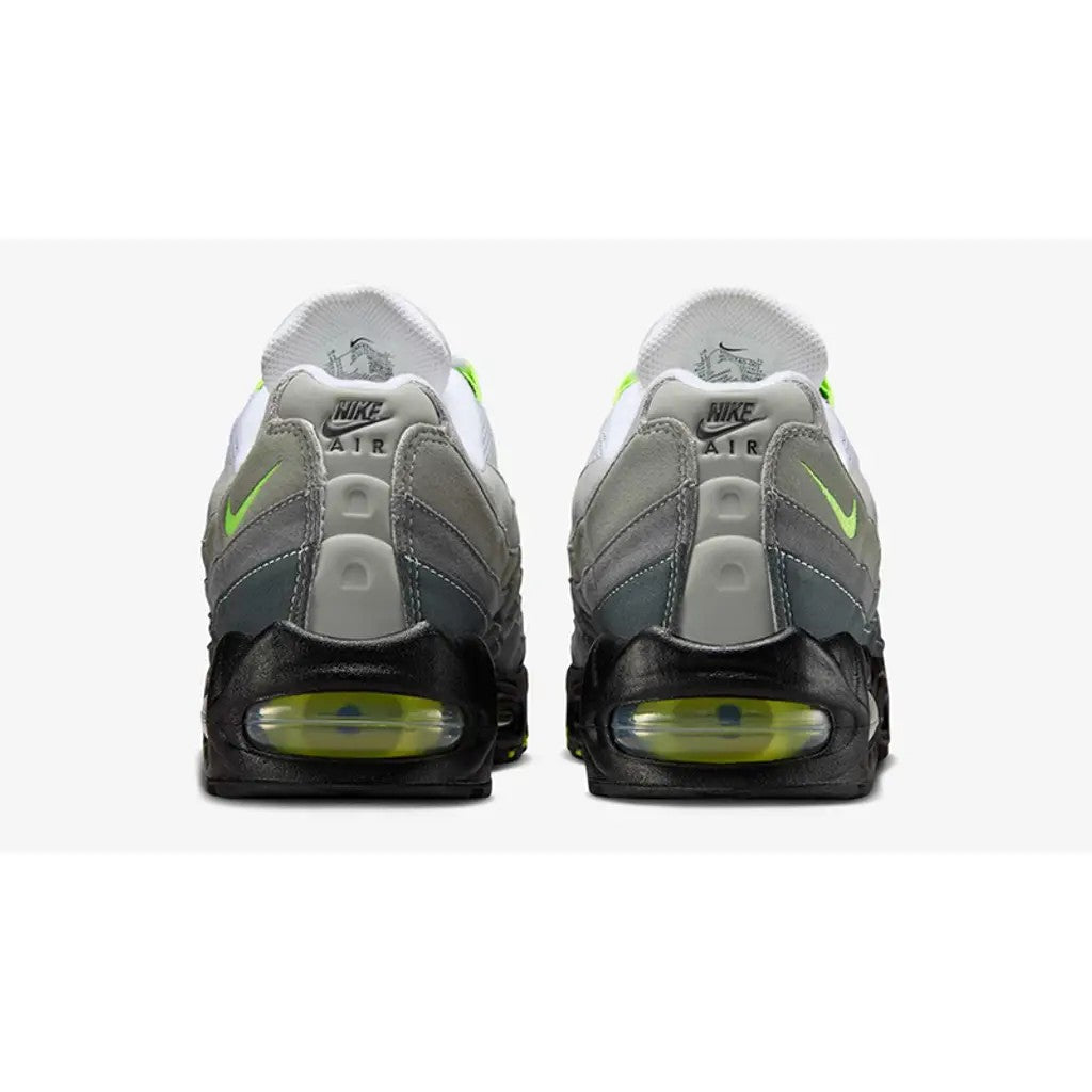 Nike Air Max 95 OG Neon pair rear view showing Nike Air heel branding and neon Big Bubble heel unit