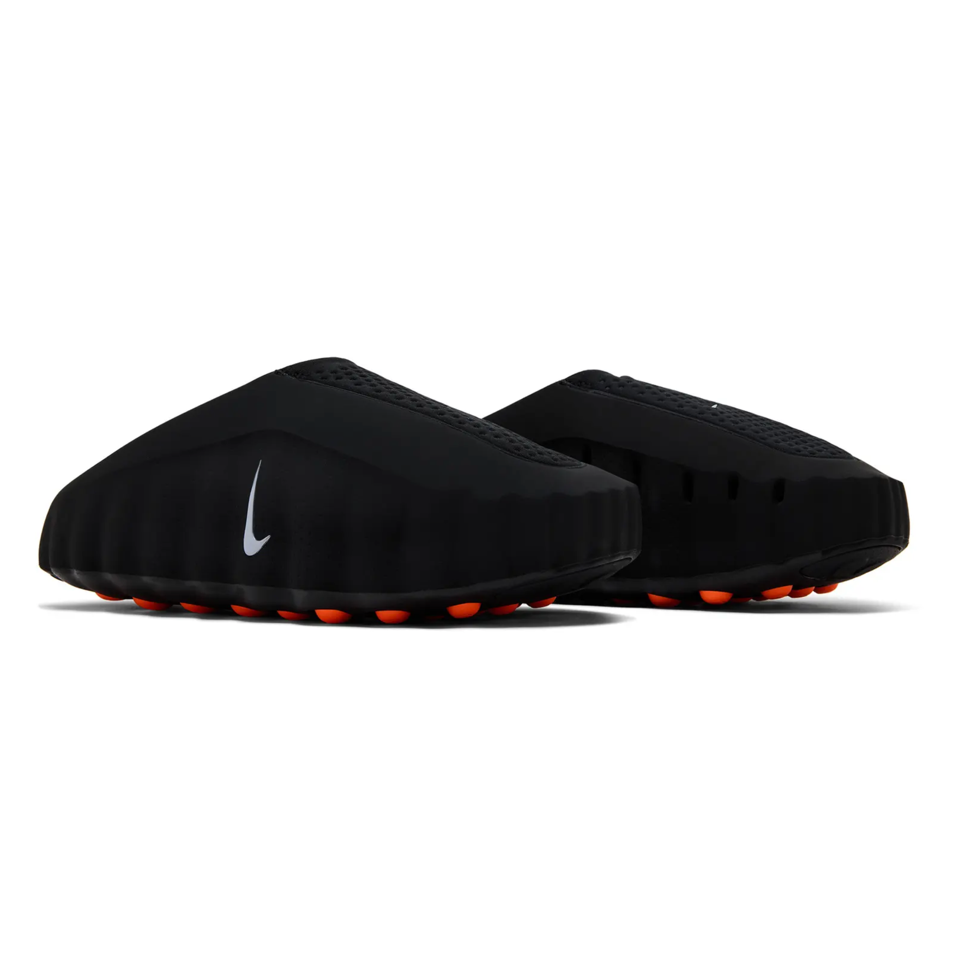 Nike Mind 001 Black - rear three-quarter pair view showing sculpted black foam upper, perforated knitted heel panel, silver Nike Swoosh and orange sensory nodes on outsole