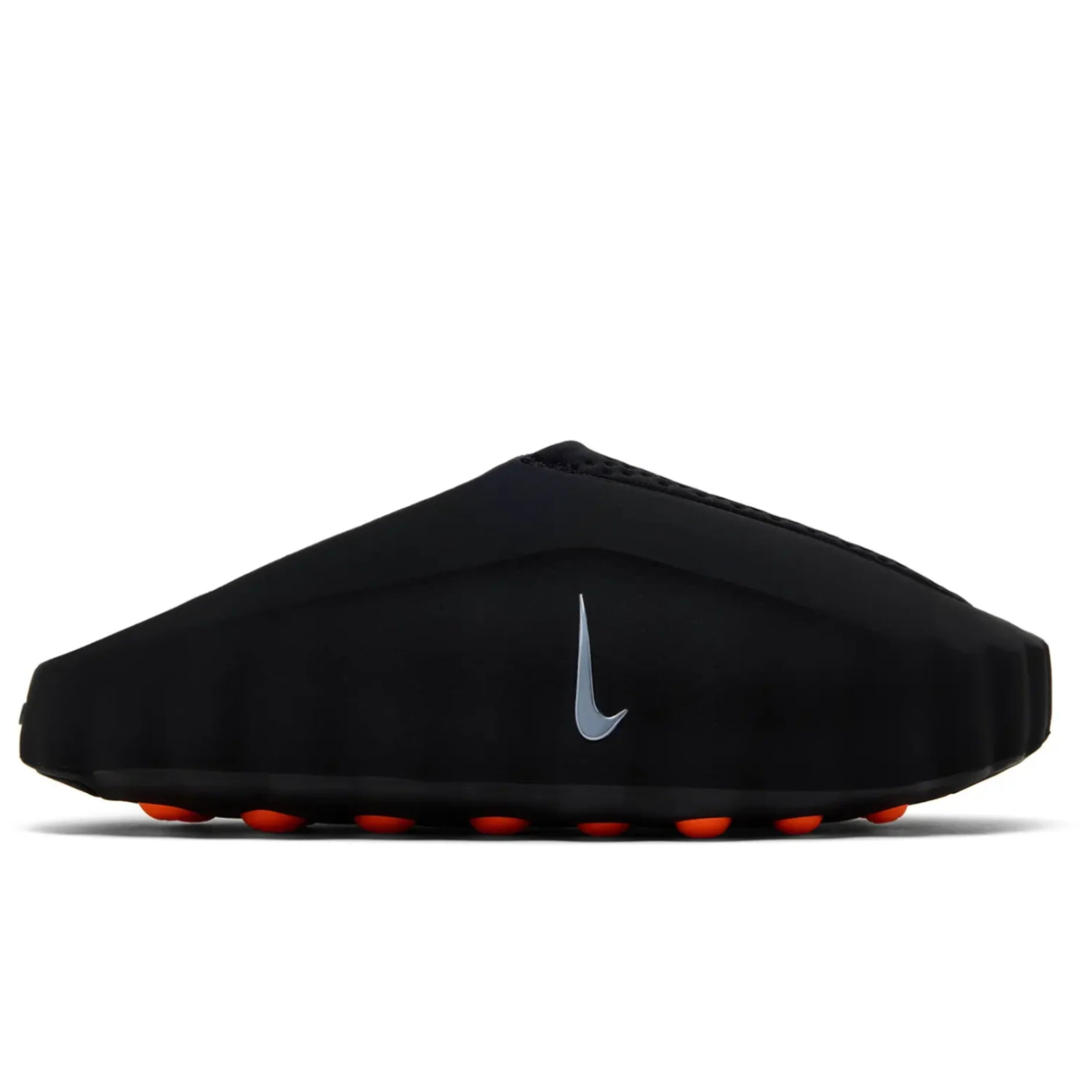 Nike Mind 001 Black - lateral side profile on white background showing sleek black foam shell, silver Nike Swoosh, perforated upper and orange sensory nodes visible along outsole edge