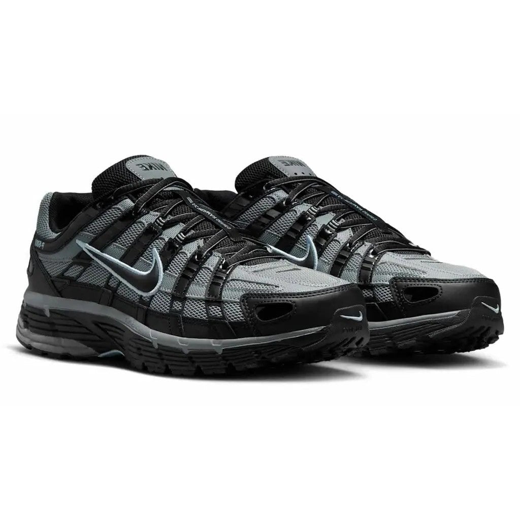 Nike P-6000 Black Cool Grey pair front angled view showing grey mesh upper black overlays and silver midsole accents