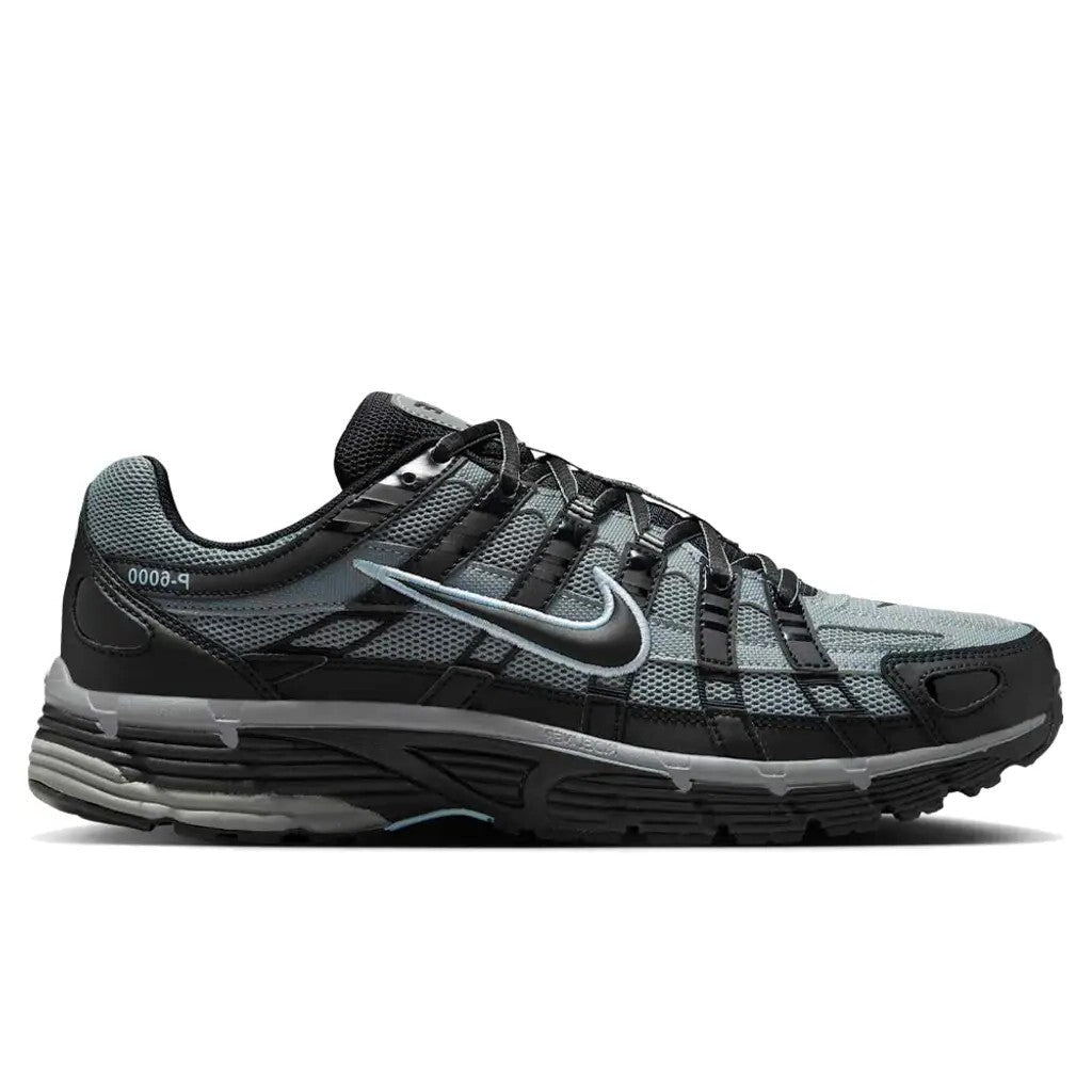 Nike P-6000 Black Cool Grey side profile showing cool grey mesh black synthetic panels and grey ribbed midsole
