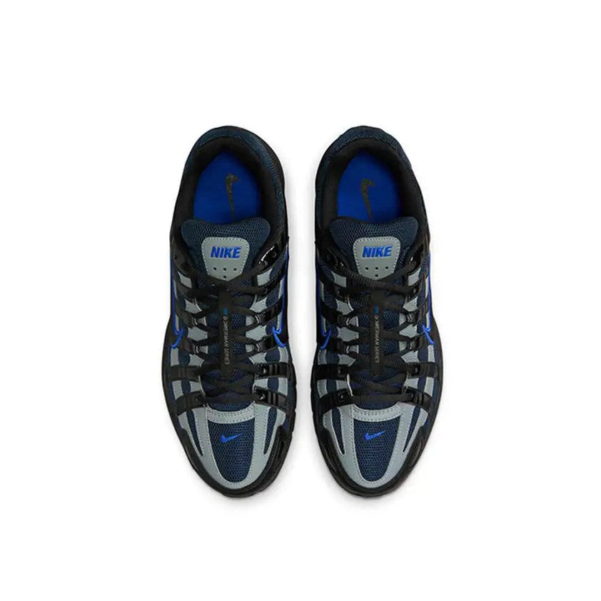 Nike P-6000 Black Obsidian pair top-down view showing blue insole and grey silver panel detailing