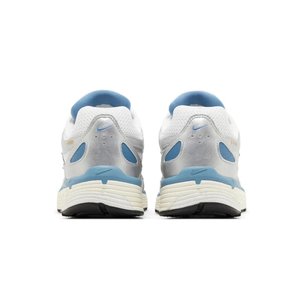 Nike P-6000 Metallic Silver Aegean Storm heel view showing blue collar lining silver heel panels and sail midsole