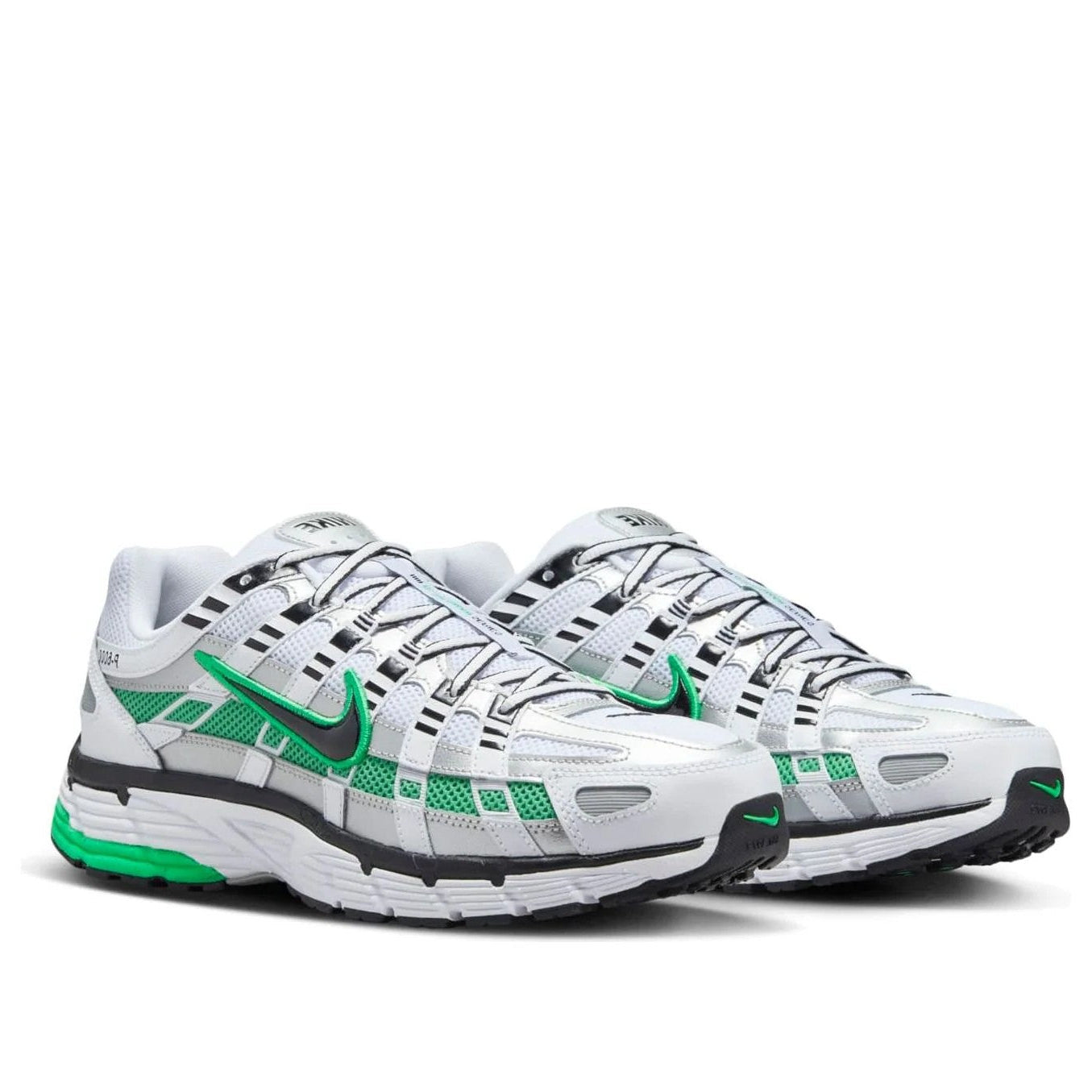Nike P-6000 Metallic Silver Spring Green pair front angled view showing green mesh and metallic silver panels