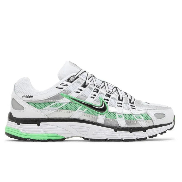 Nike P-6000 Metallic Silver Spring Green side profile with P-6000 heel branding and green midsole accent