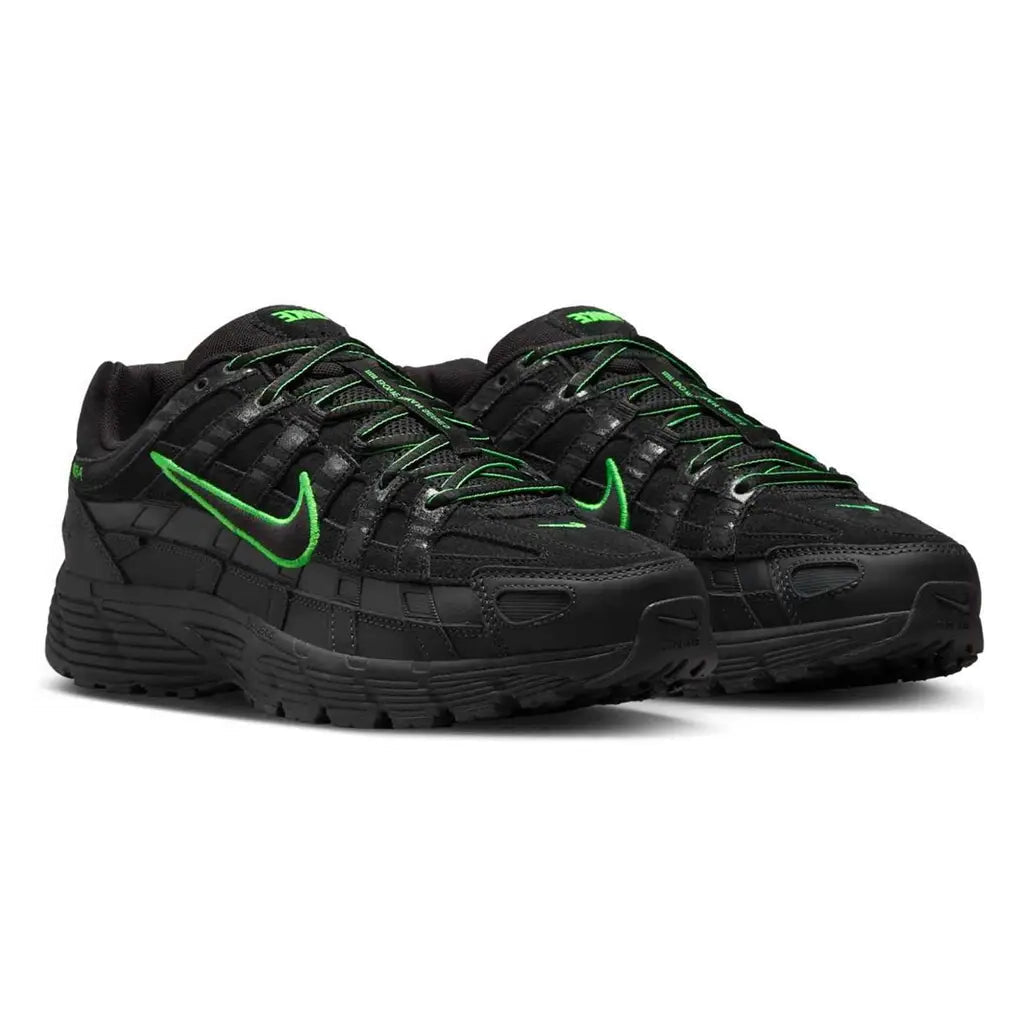 Nike P-6000 PRM Black Green Strike IF0668-003 front three-quarter pair view showing both shoes with the all-black mesh and overlay upper, neon green embroidered Swoosh on each lateral side, green laces, green tongue branding, and black midsole