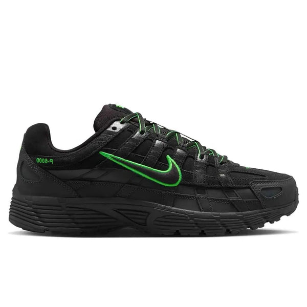 Nike P-6000 PRM Black Green Strike IF0668-003 lateral side profile showing the all-black mesh upper with layered synthetic overlays, embroidered neon green Nike Swoosh, green laces, green P-6000 heel text, and black sculpted midsole