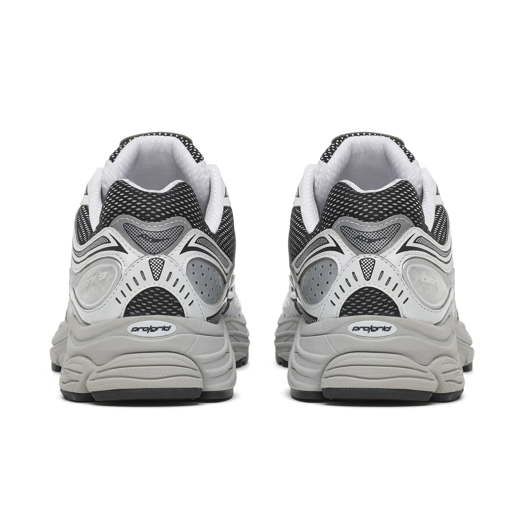 Saucony ProGrid Omni 9 White Cadet heel view showing white heel panels, black collar detail, grey overlays and durable outsole