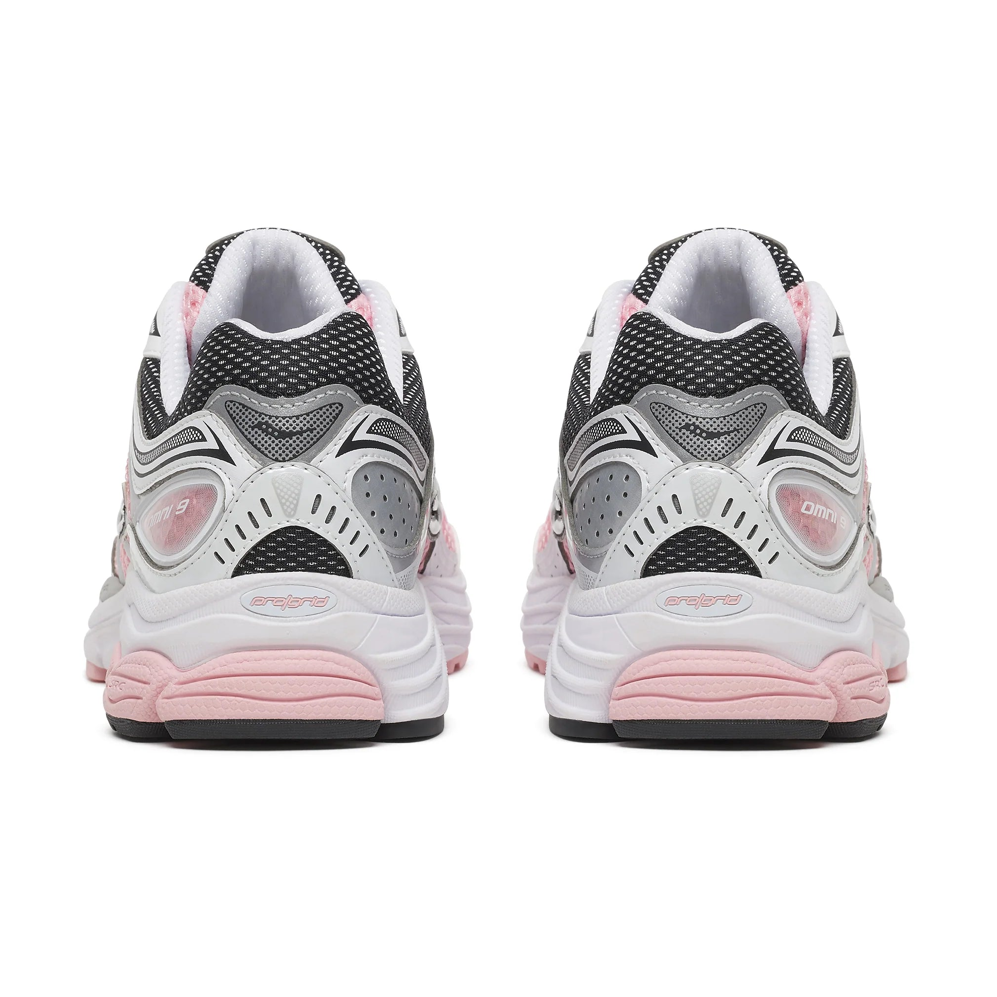 A rear view of the Saucony ProGrid Omni 9 White Touch trainers, showing the structured heel, pink and silver detailing and chunky cushioned sole on a clean white background.