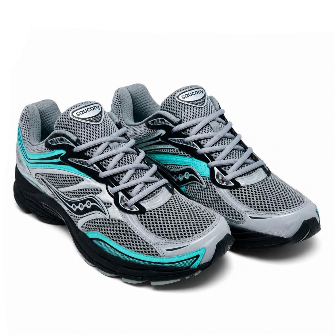 Saucony ProGrid Omni 9 Fossil Splash front angle showing grey mesh upper, silver overlays, turquoise accents and black midsole