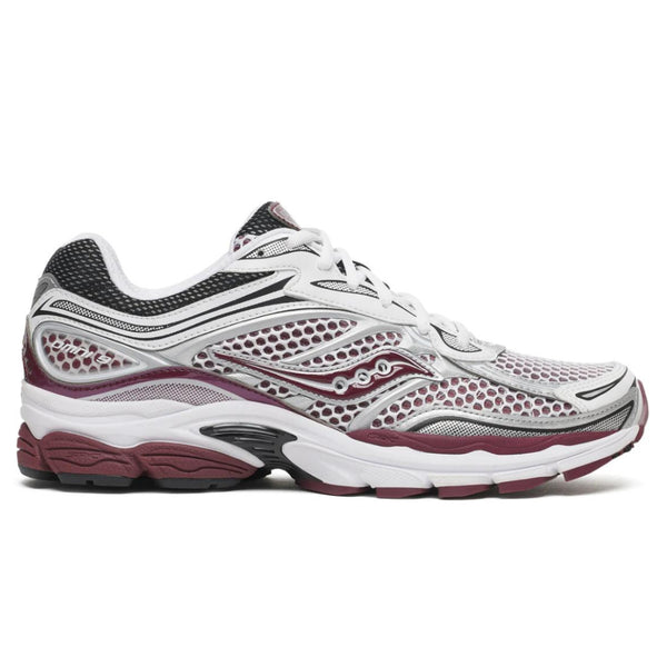 A side view of the Saucony ProGrid Omni 9 White Maroon trainer, showing the white mesh upper, maroon detailing, signature Saucony wave logo and cushioned technical sole.