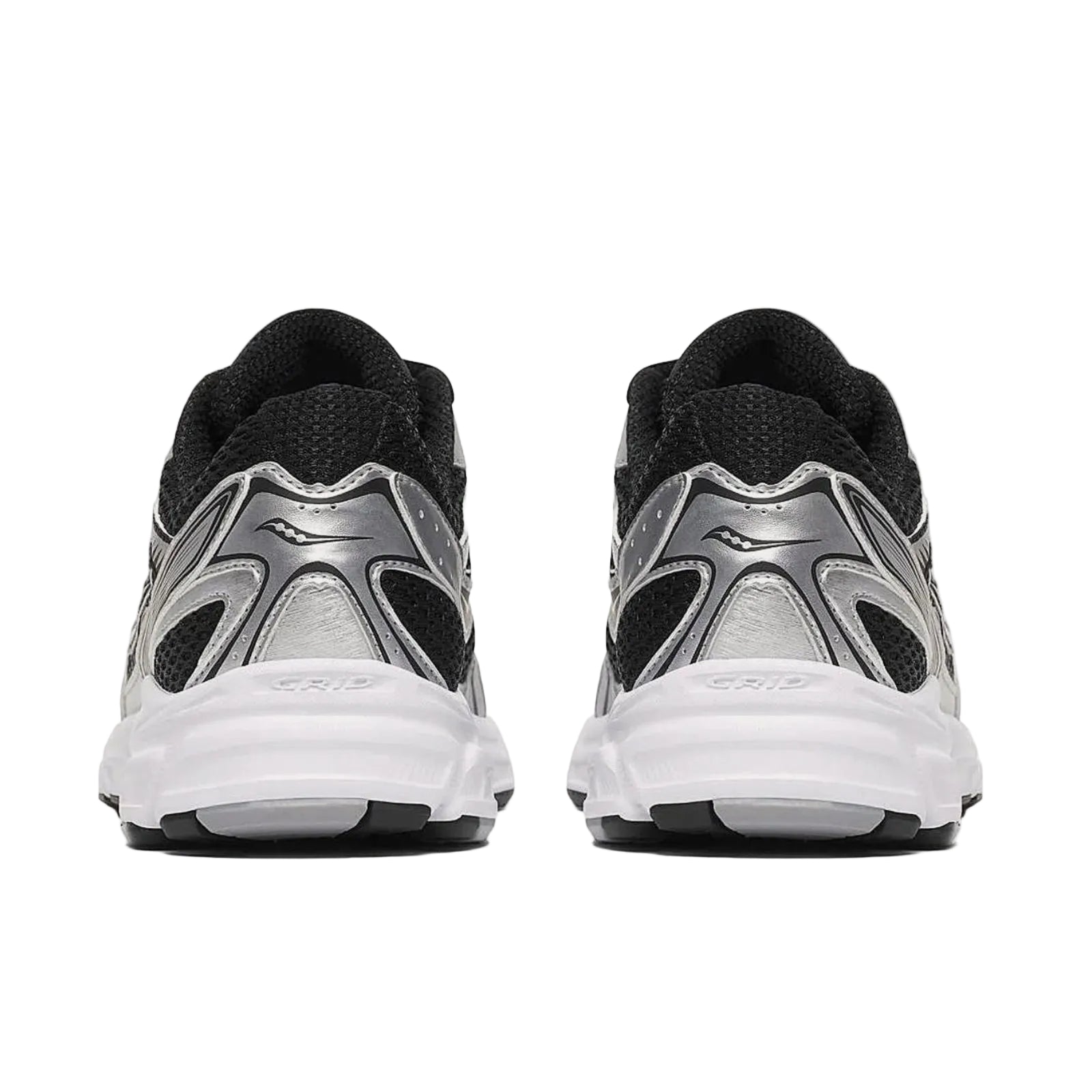Saucony Grid Ride Millennium Black Silver rear heel view showing Saucony wave logo on silver heel counter Grid branding on white midsole and black collar