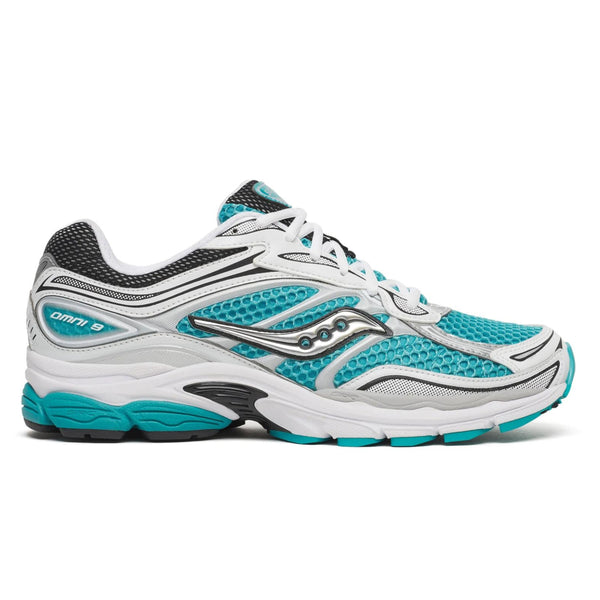 A Saucony Omni 9 running shoe in white, gray, and turquoise blue, shown from a side profile view against a plain white background.