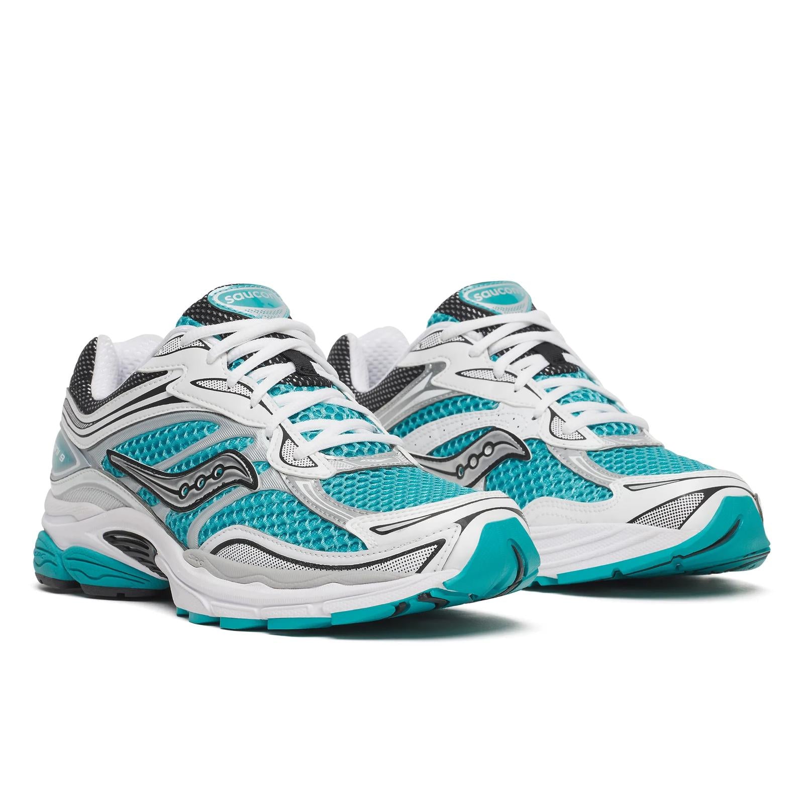 A pair of Saucony athletic sneakers in white, gray, and turquoise blue, shown from a three-quarters angle on a white background.