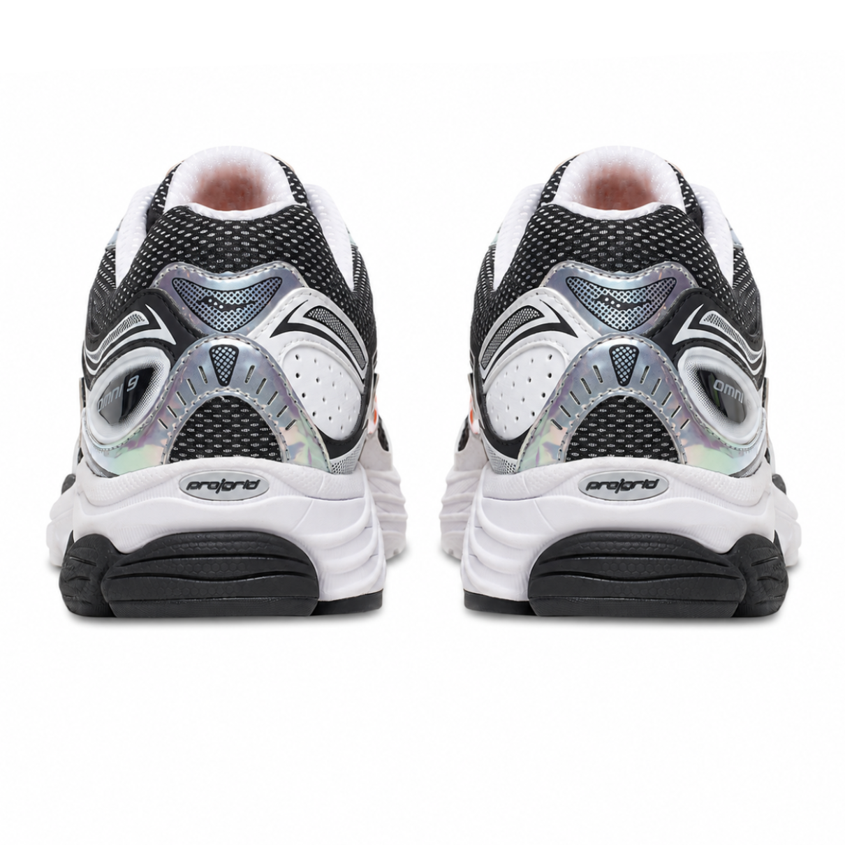 Saucony ProGrid Omni 9 Speed Shades heel view with black collar, iridescent silver heel panels, ProGrid branding and black outsole detail