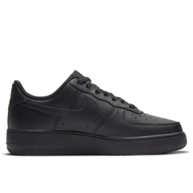 Nike Air Force 1 07 Triple Black single shoe lateral view showing smooth leather upper Swoosh and chunky AF1 midsole