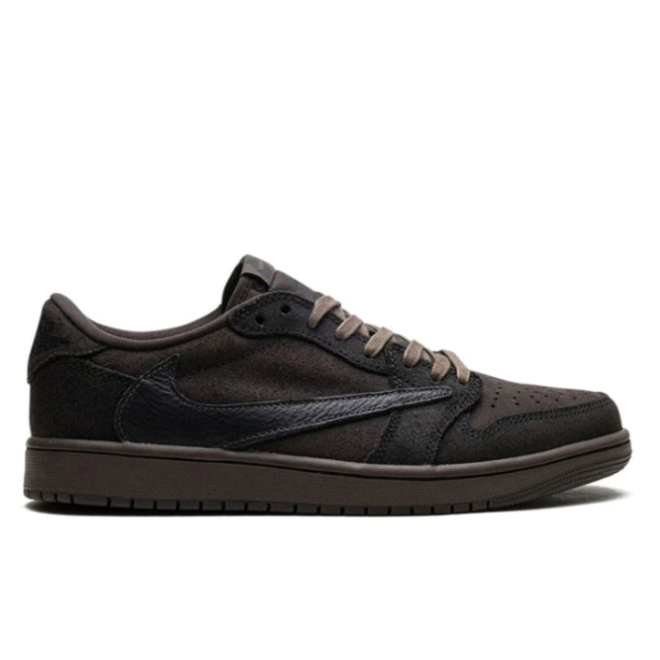 Travis Scott x Air Jordan 1 Low OG SP Velvet Brown lateral side profile showing reverse Swoosh in black leather, velvet brown suede upper, and dark brown outsole on white background