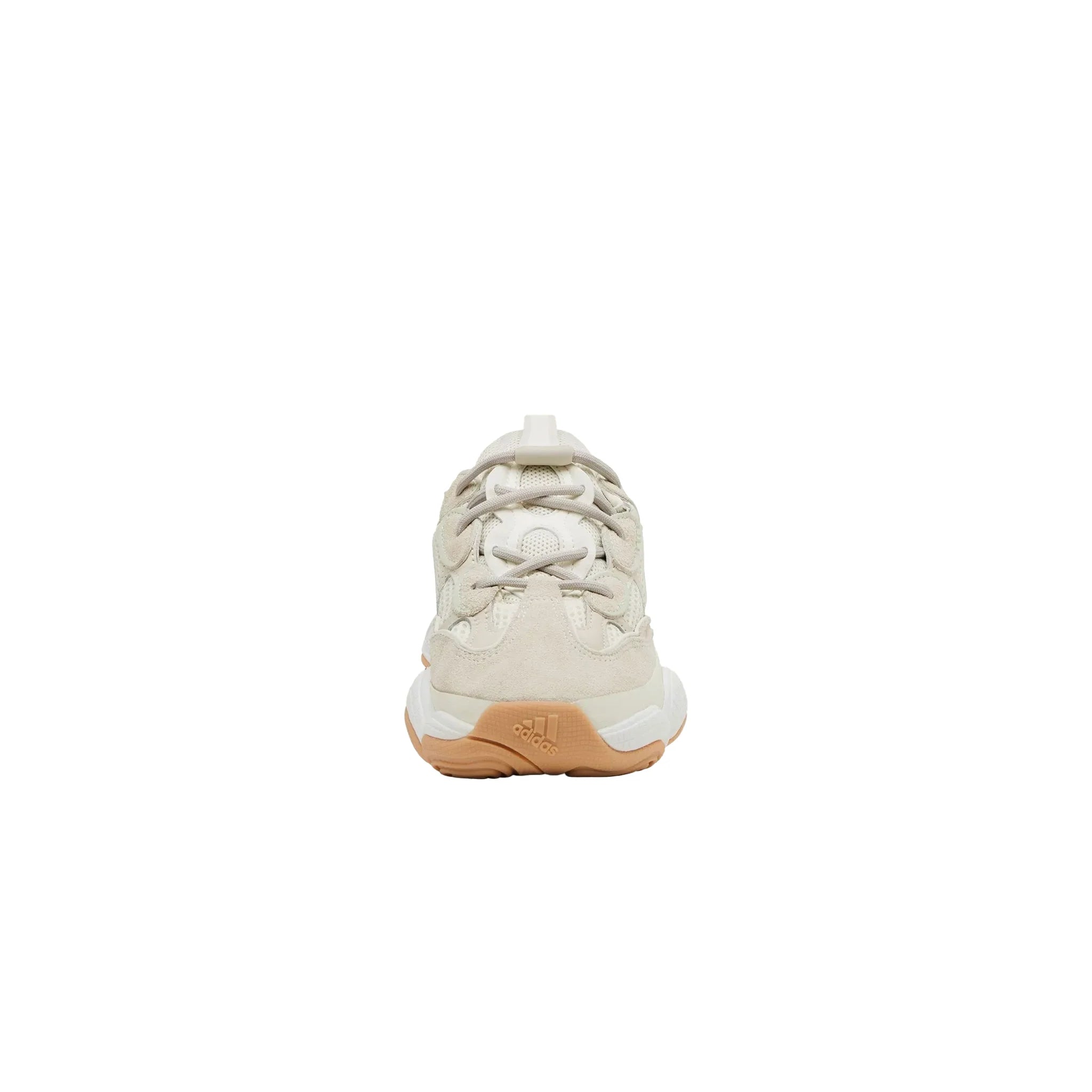 Yeezy 500 Stone Taupe front view showing suede toe cap mesh upper panels and adidas trefoil logo on gum outsole