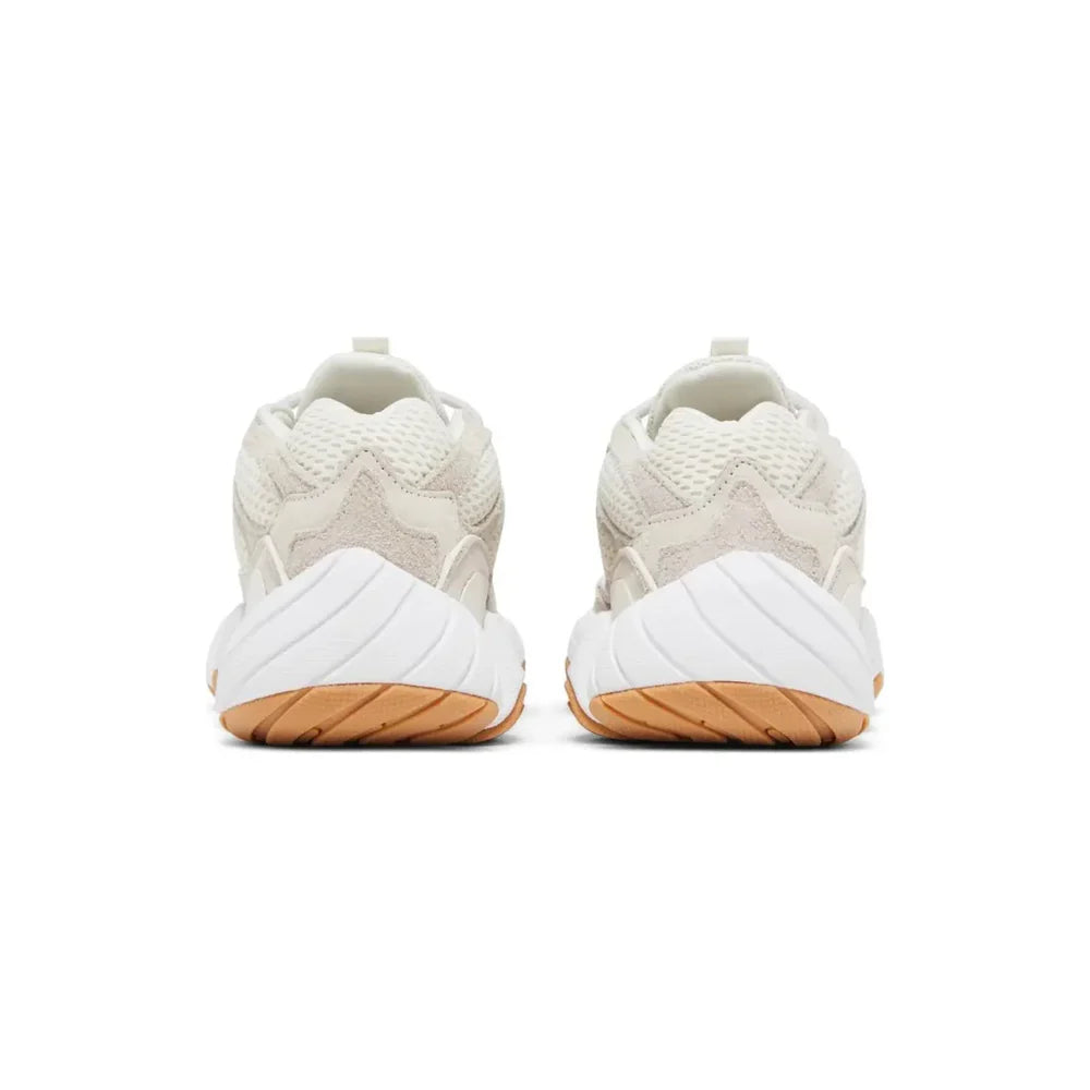 Yeezy 500 Stone Taupe heel view showing taupe suede and mesh rear panels sculpted white midsole and gum rubber outsole
