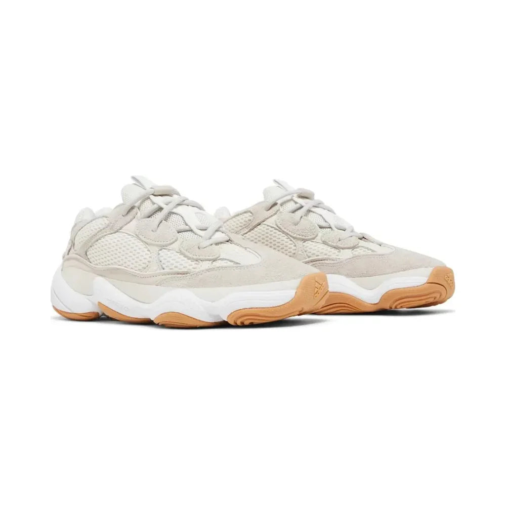Yeezy 500 Stone Taupe pair front angled view showing taupe mesh and suede upper with white midsole and gum outsole