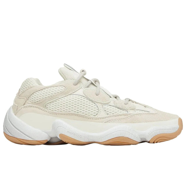 Yeezy 500 Stone Taupe side profile showing taupe suede overlays mesh panels white adiPRENE midsole and gum rubber outsole