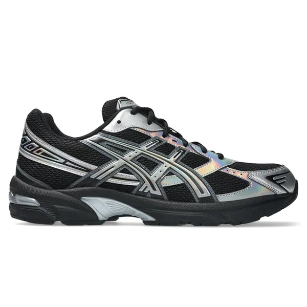 A side view of the ASICS GEL-1130 Holiday Pack Black trainer, showing the black mesh upper, colour-shifting silver detailing, layered ASICS stripes and sculpted black midsole.