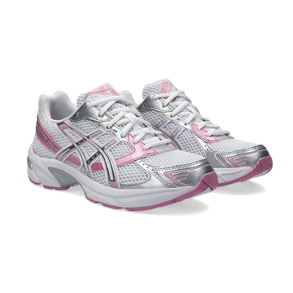 Front view of the ASICS Gel-1130 White Pure Silver Pink sneaker, showing the clean white mesh toe box, pure silver overlays, and soft pink detailing.