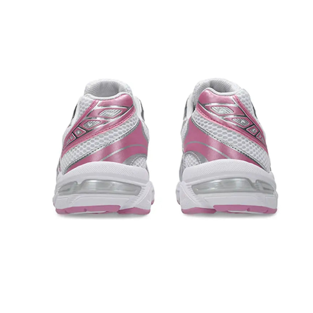Back heel view of the ASICS Gel-1130 White Pure Silver Pink running shoe, displaying the supportive heel structure, fresh pink accents, and durable traction outsole.