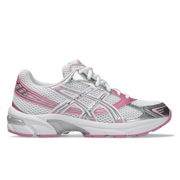 Side profile of the ASICS Gel-1130 White Pure Silver Pink, highlighting the retro Y2K running aesthetic, silver ASICS tiger stripes, and GEL cushioning midsole.