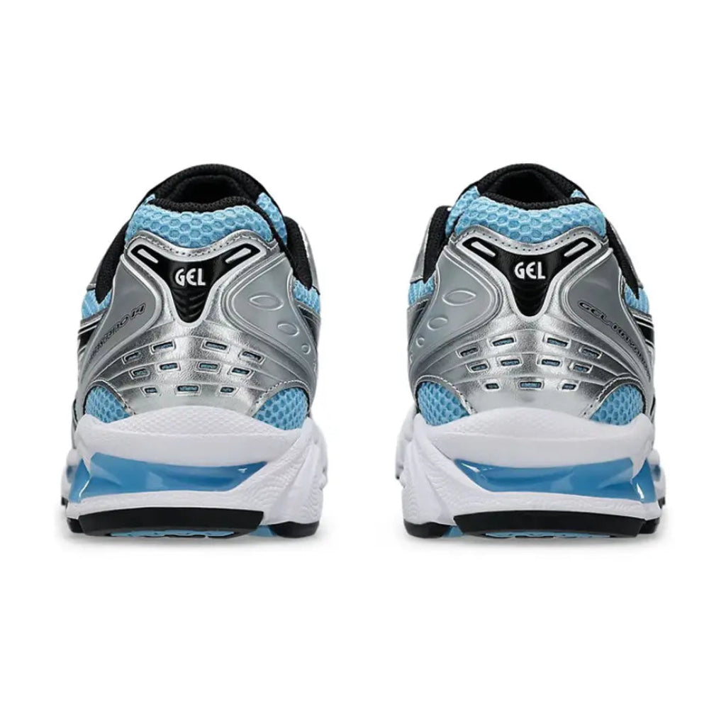 A rear view of the ASICS GEL-KAYANO 14 Arctic Sky Pure Silver trainers, showing the structured heel, icy blue and silver detailing and visible GEL cushioning on a clean white background.