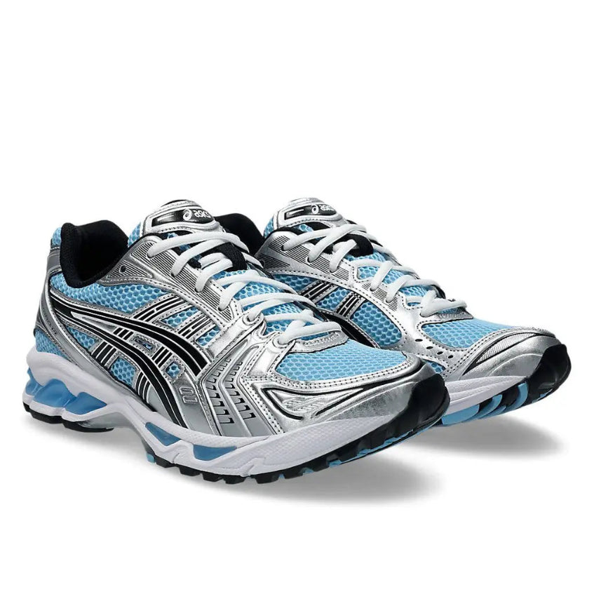 A pair of ASICS GEL-KAYANO 14 Arctic Sky Pure Silver trainers featuring icy blue mesh, metallic silver overlays, black ASICS stripes and a sculpted GEL cushioned sole on a clean white background.