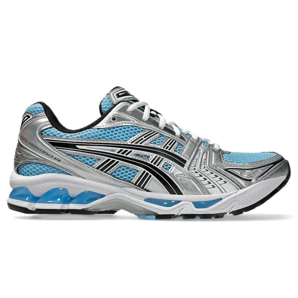 A side view of the ASICS GEL-KAYANO 14 Arctic Sky Pure Silver trainer, showing the Arctic Sky mesh upper, Pure Silver overlays, contrasting black ASICS stripes and technical GEL midsole.