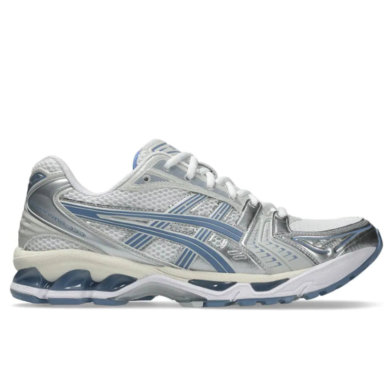 Side profile of the ASICS GEL-Kayano 14 White Light Navy, highlighting the metallic silver paneling, dusty navy ASICS stripes, and vintage cream midsole.