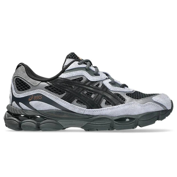 A side view of the ASICS GEL-NYC Black Cement Grey trainer, showing the black mesh upper, tonal layered overlays, Cement Grey detailing and technical sculpted sole.